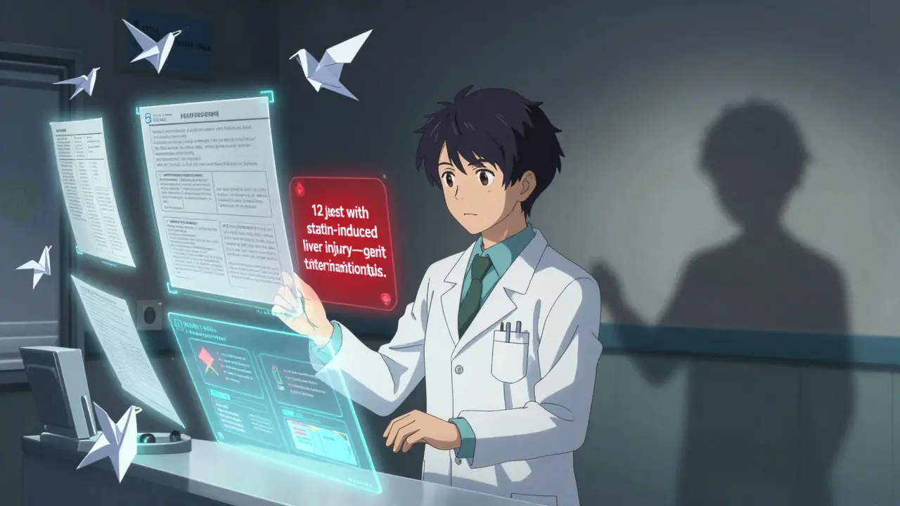 A pharmacist reviews holographic research and AI-generated insights as a red alert signals a potential drug contamination pattern.