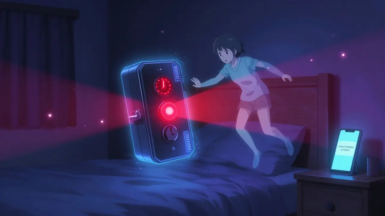 A smart lockbox emitting a red alert at 3 a.m., a teen frozen mid-reach, holographic notification glowing.