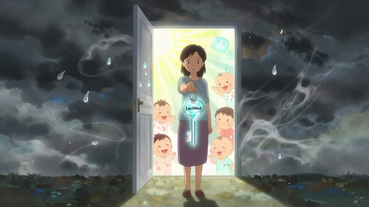 A woman in emotional turmoil holds a glowing key labeled 'LactMed' that unlocks a door of sunlight and smiling infants, representing trusted medical guidance.