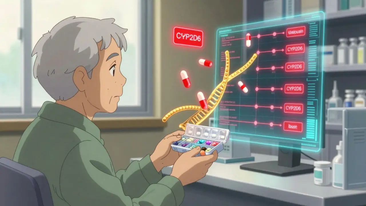 An elderly person and pharmacist reviewing holographic drug interaction alerts with genetic strands in the background.