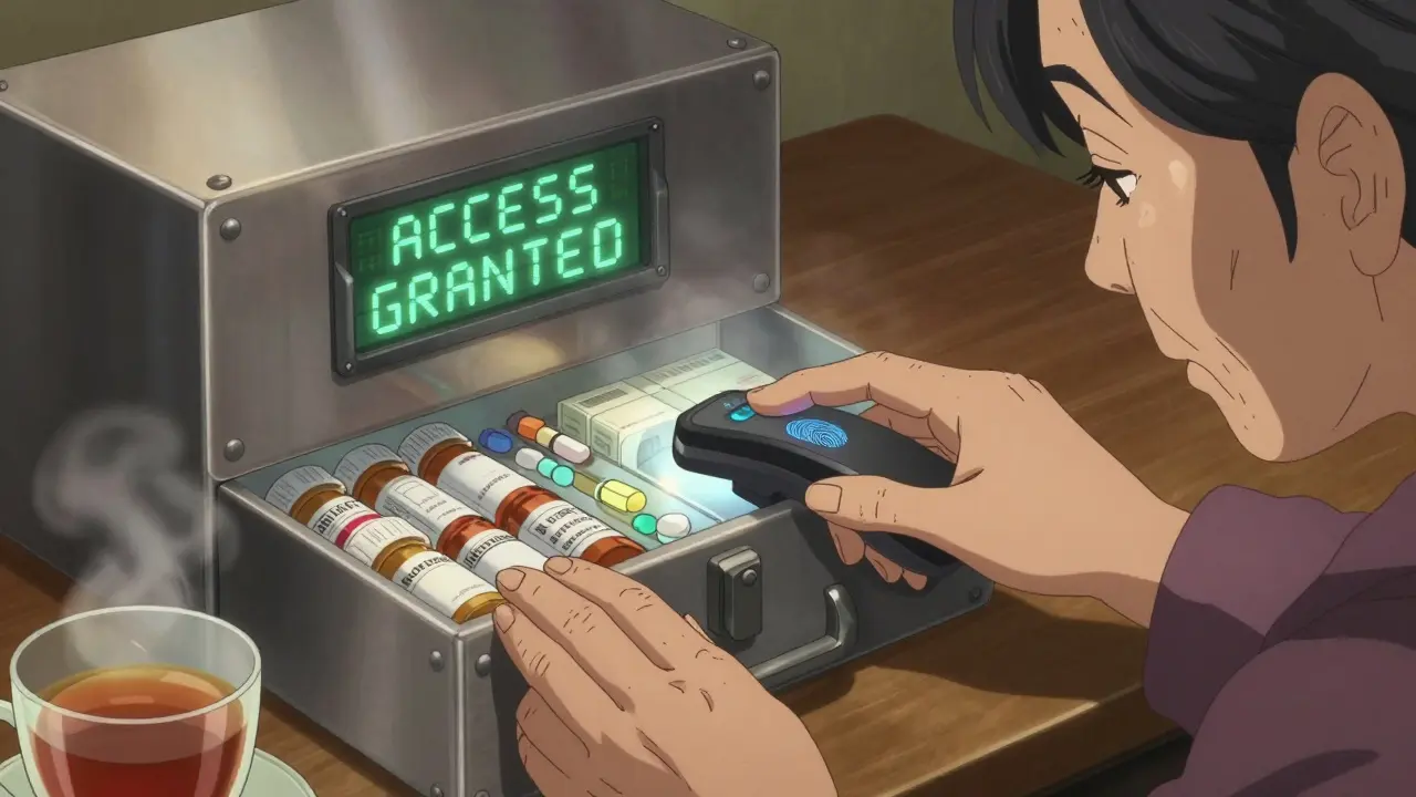 An elderly woman scanning her fingerprint on a medical lockbox, pills visible inside, warm ambient light.