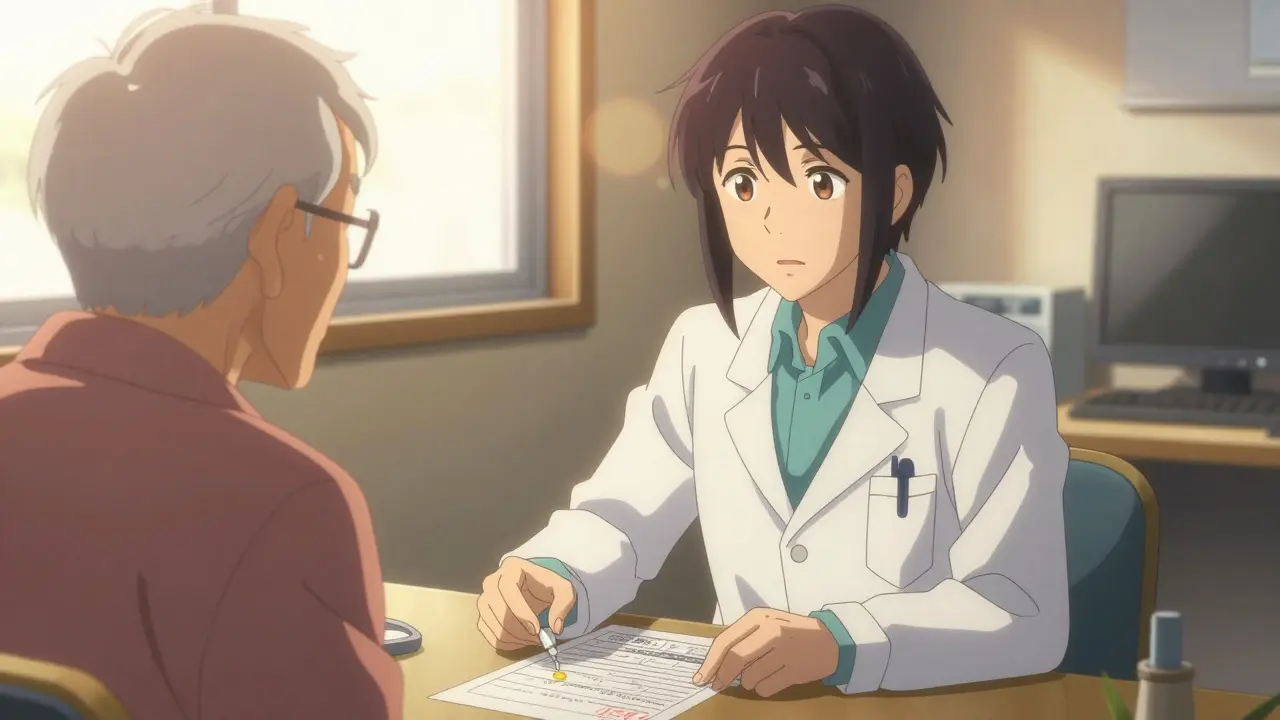 Doctor advising older patient on safety