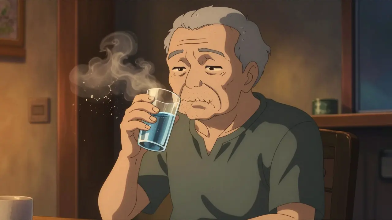 Elderly person holding water glass experiencing severe dry mouth symptoms.