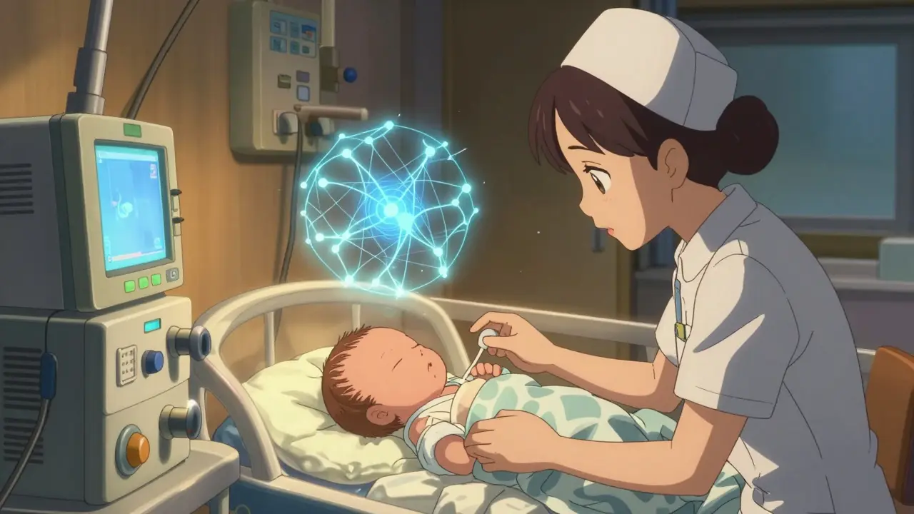 Newborn receiving care in intensive care unit