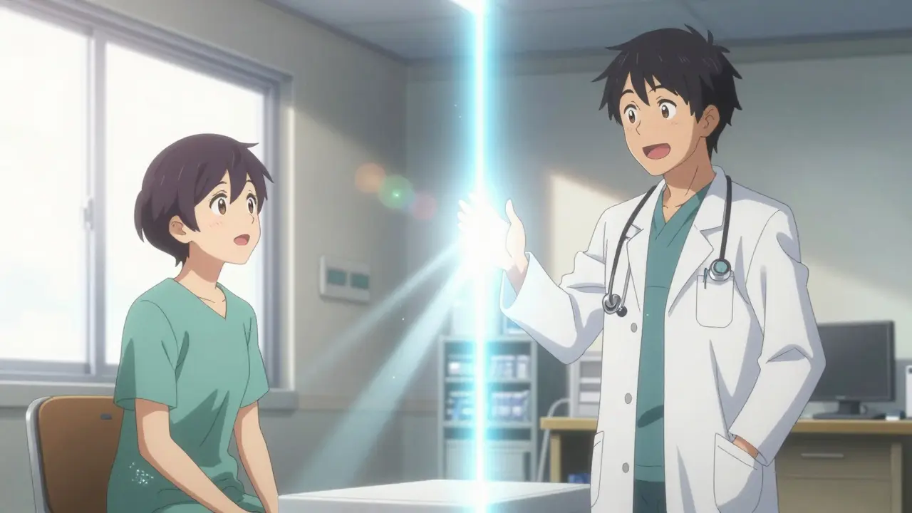 Patient and doctor discussing safer medication alternatives in bright office.