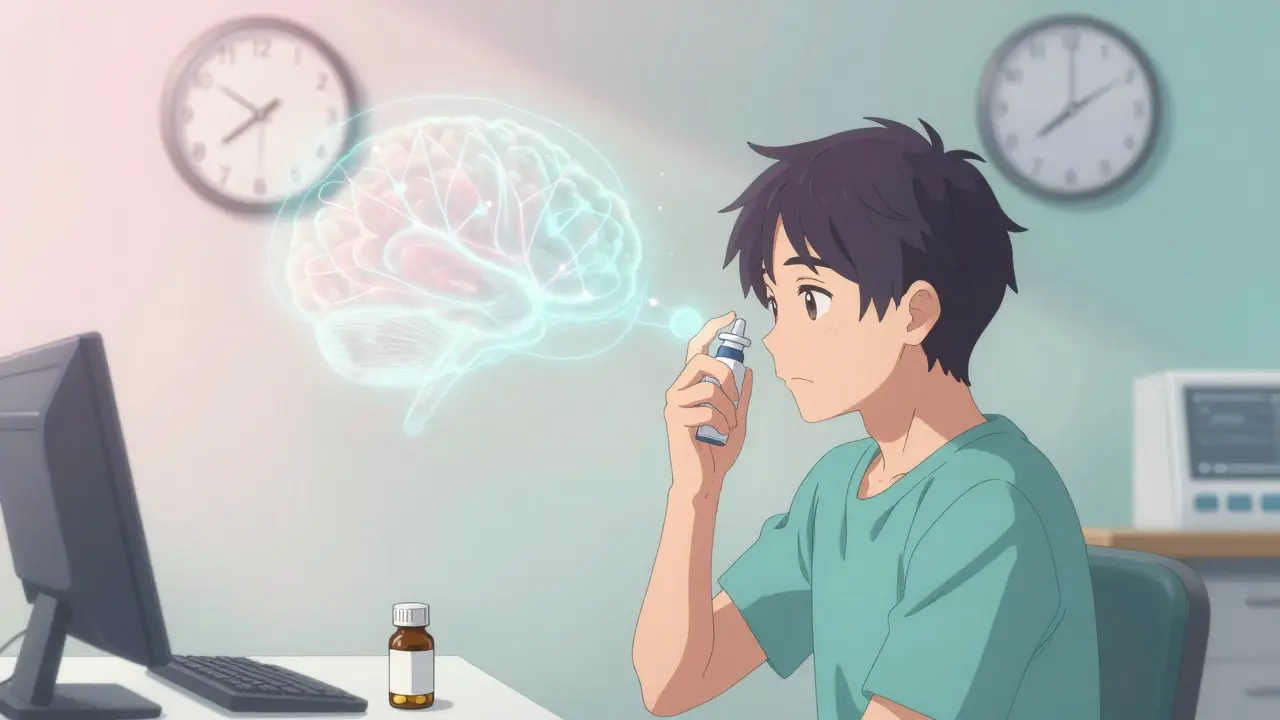 Patient using esketamine nasal spray in a calm clinic setting with soft ambient lighting.