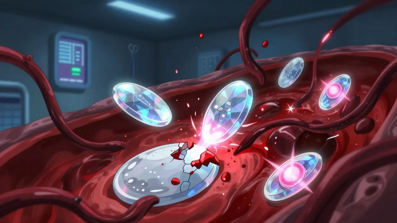 Platelets and Ginkgo tendrils clashing inside a bloodstream, with warfarin molecules glowing dangerously.