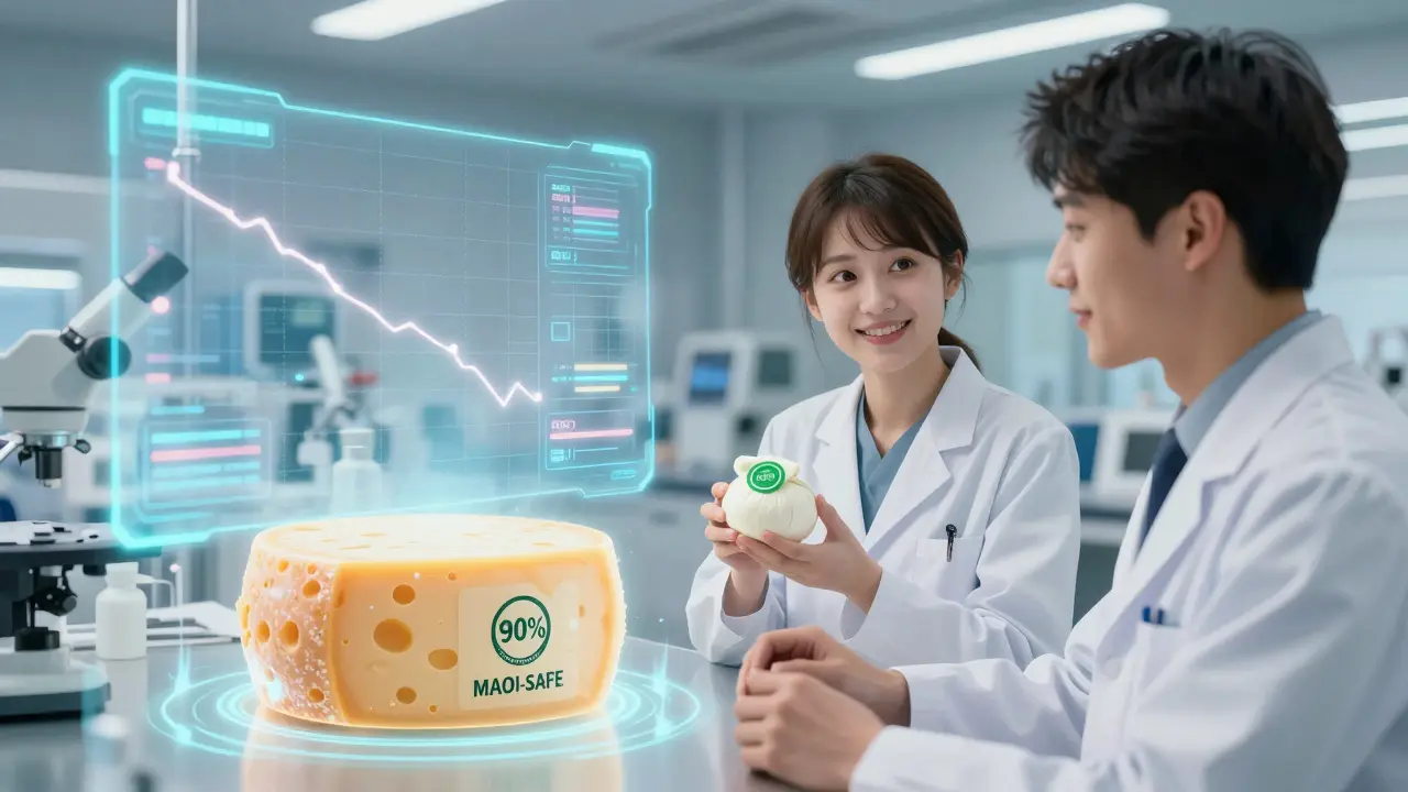 Scientists observe a genetically modified low-tyramine cheese wheel in a high-tech lab, with a patient holding a safe fresh mozzarella cup.