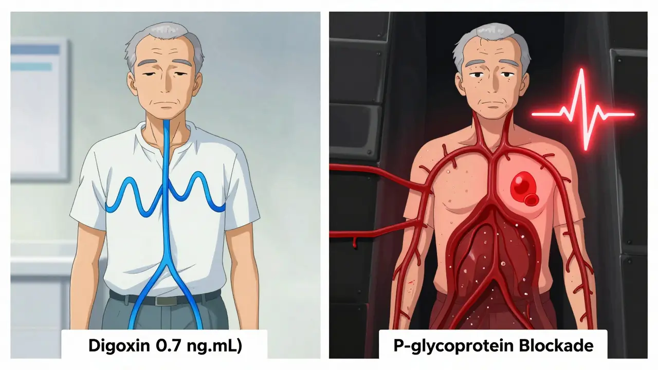 Side-by-side visual of healthy vs. toxic bloodstream: one with smooth flow, the other choked by crimson buildup due to a blocked P-glycoprotein gate.