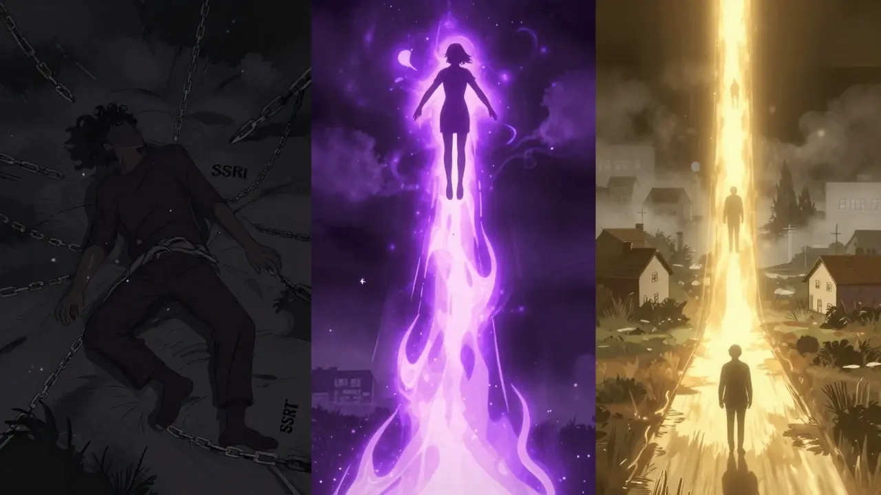 Split illustration comparing IV ketamine and esketamine pathways for depression treatment.