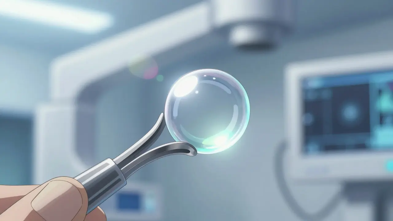 A clear artificial lens held by surgical tools in a high-tech clinic.