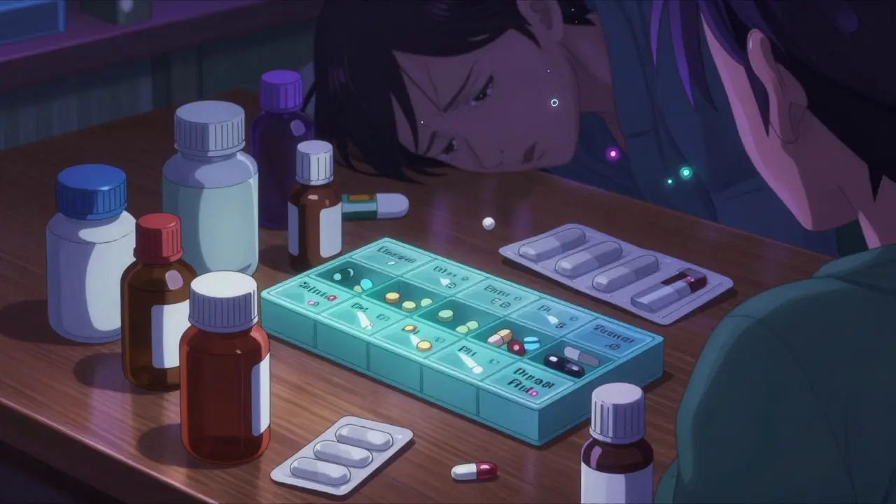 A cluttered table with many medicine bottles and a pill organizer, symbolizing treatment burden.