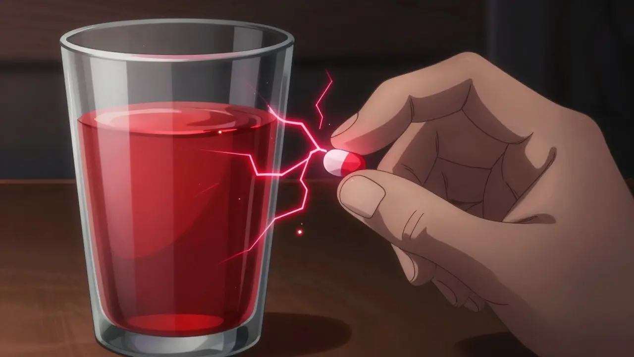 A medication pill and a glass of kombucha with red sparks symbolizing a drug interaction