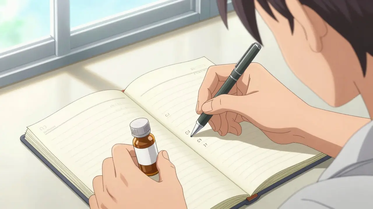 A person writing a medication lot number in a health log journal
