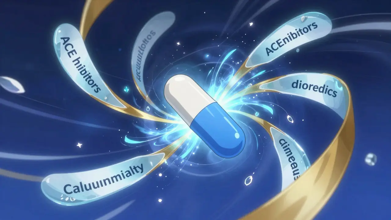 A single pill surrounded by swirling blue and gold energy representing combined medicine
