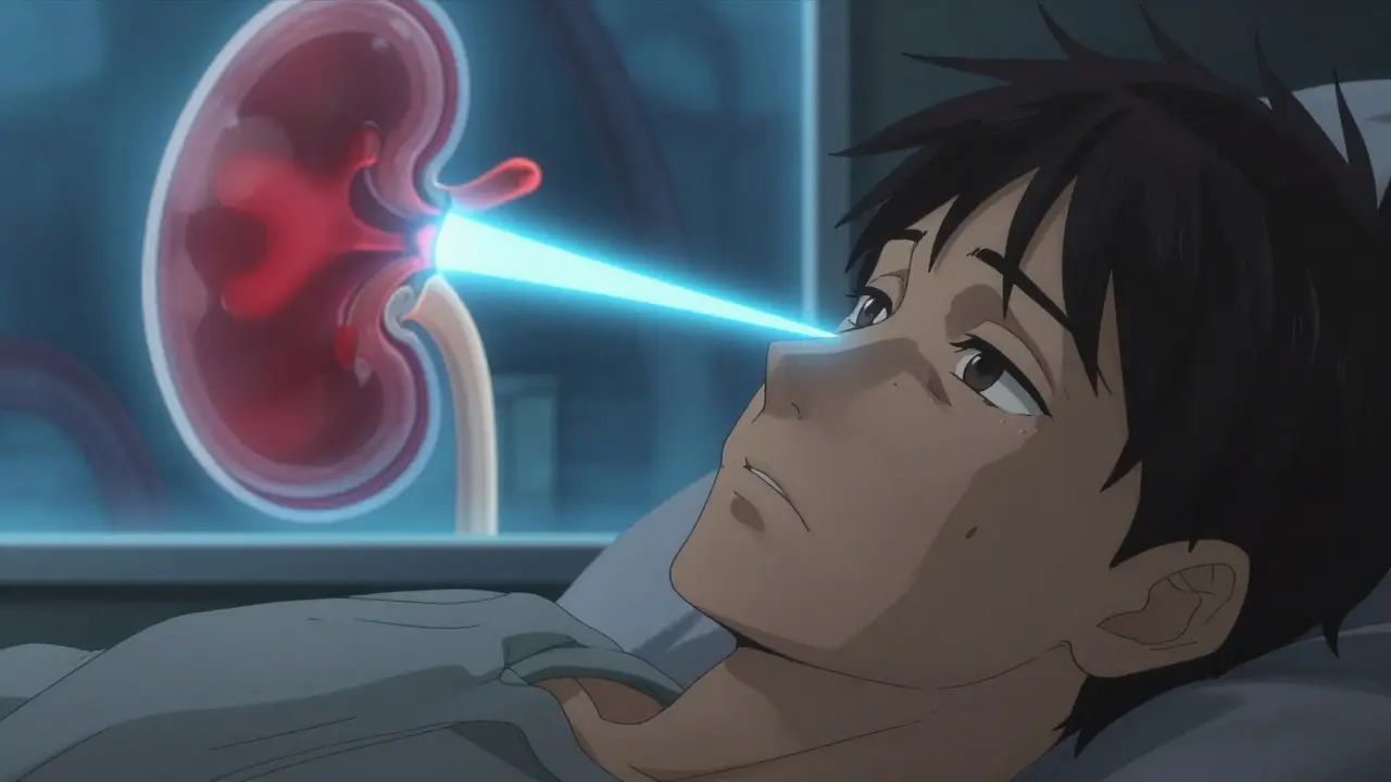 Anime character with swollen eyes and a conceptual blue laser treating a kidney filter.