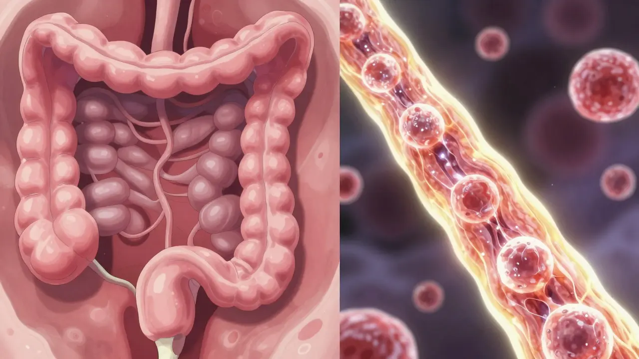 Comparison between a normal colon lining and microscopic inflammation in a stylized anime aesthetic.