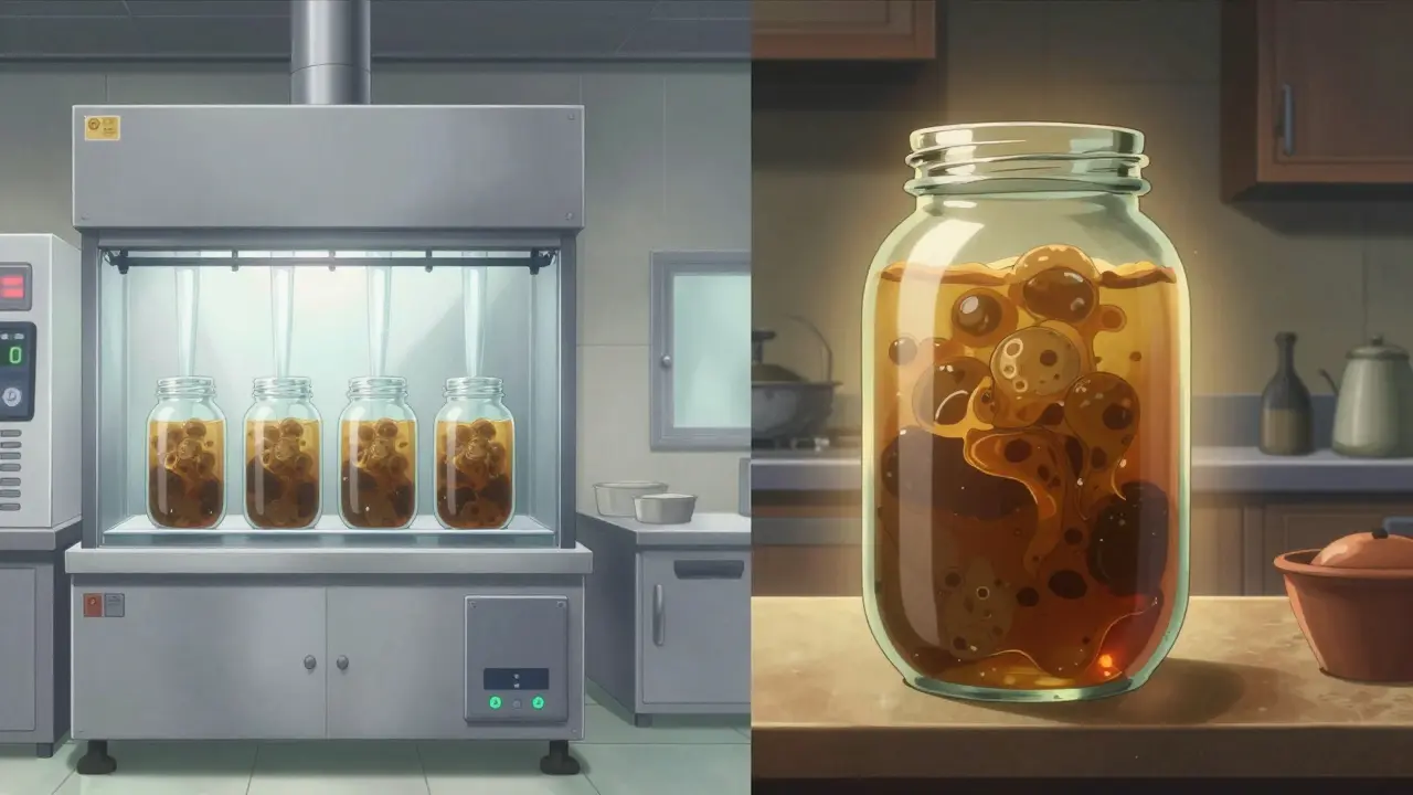 Comparison between a sterile commercial kombucha factory and a home brewing setup