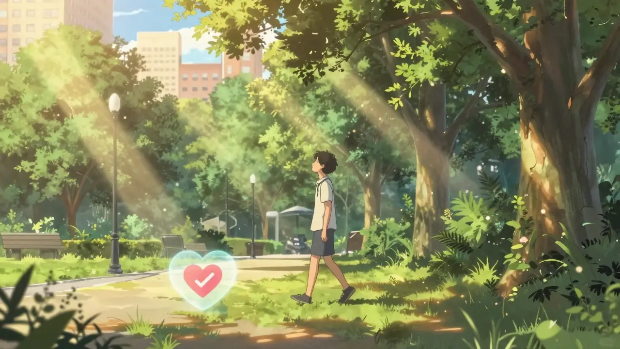 Healthy person walking in a sunny park symbolizing heart wellness