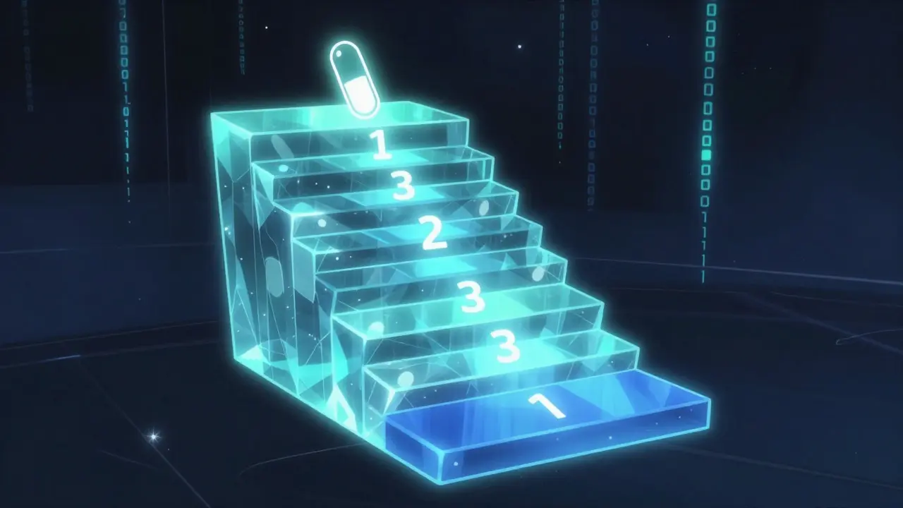 Holographic staircase representing insurance formulary tiers with a drug moving to a lower cost tier.