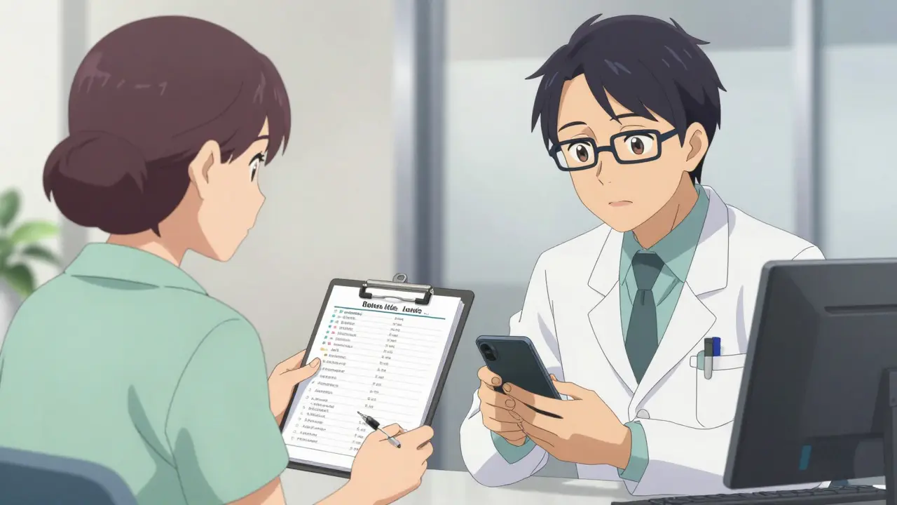 Patient showing a symptom diary to a doctor in a medical office