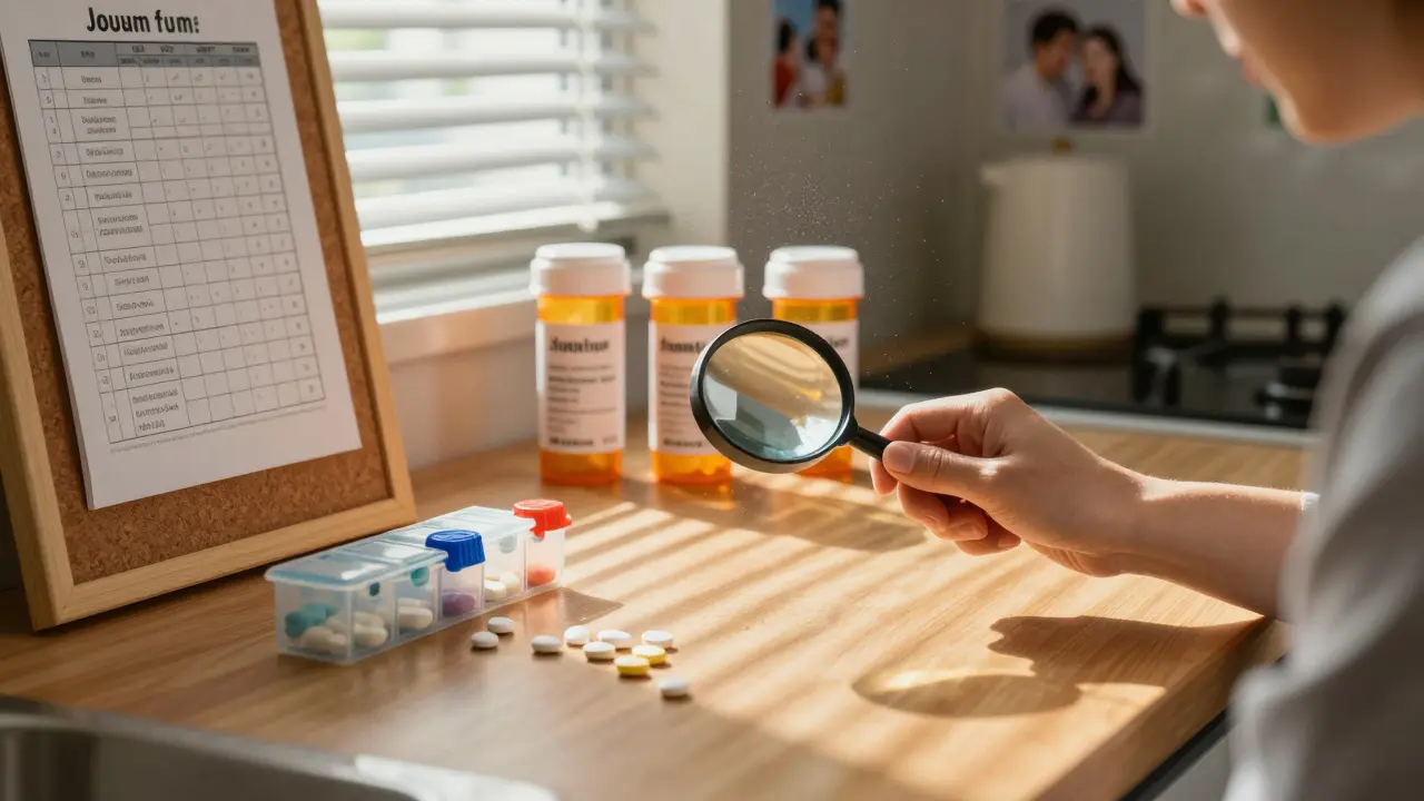 Patient verifying pills at home kitchen