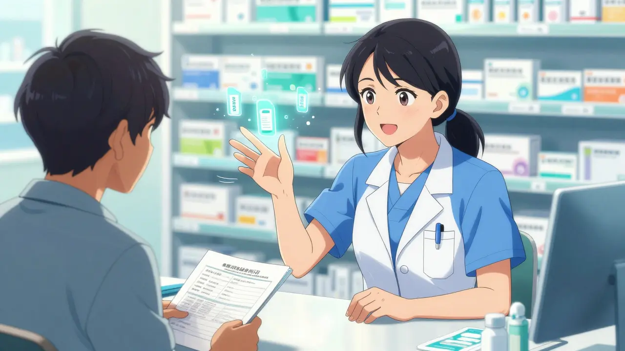 Pharmacist consulting patient at counter