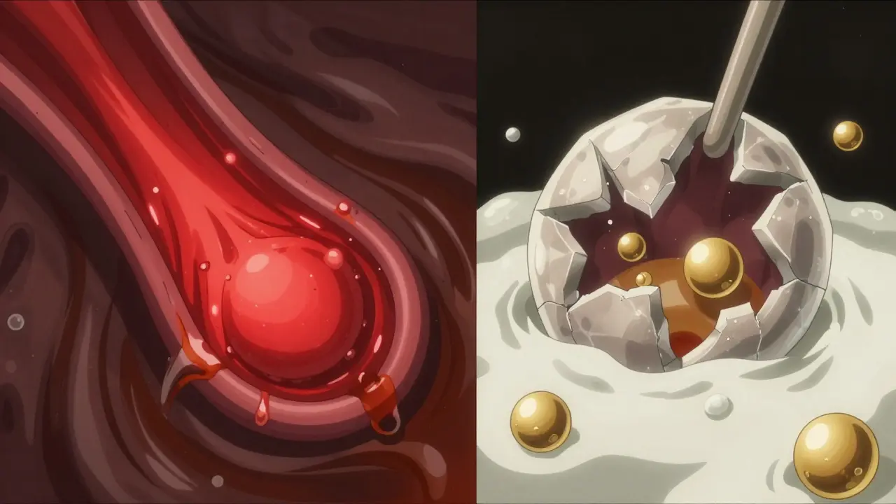Split-screen anime visual showing an inflamed clogged filter versus a leaky fractured filter.