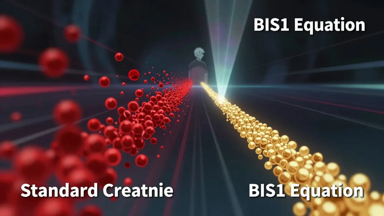 Abstract anime visualization comparing inaccurate creatinine data with accurate BIS1 equation results