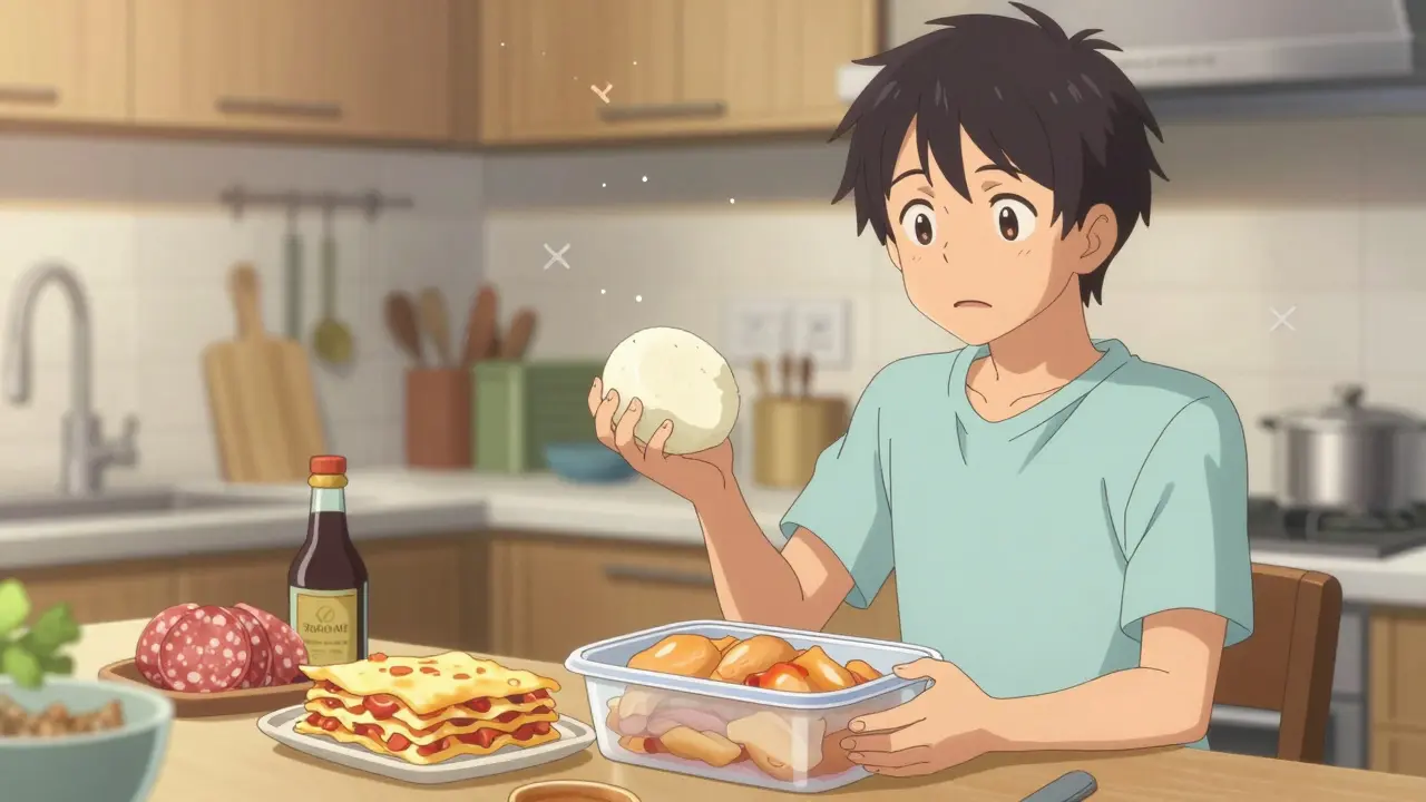 Anime character choosing safe fresh foods in a bright kitchen
