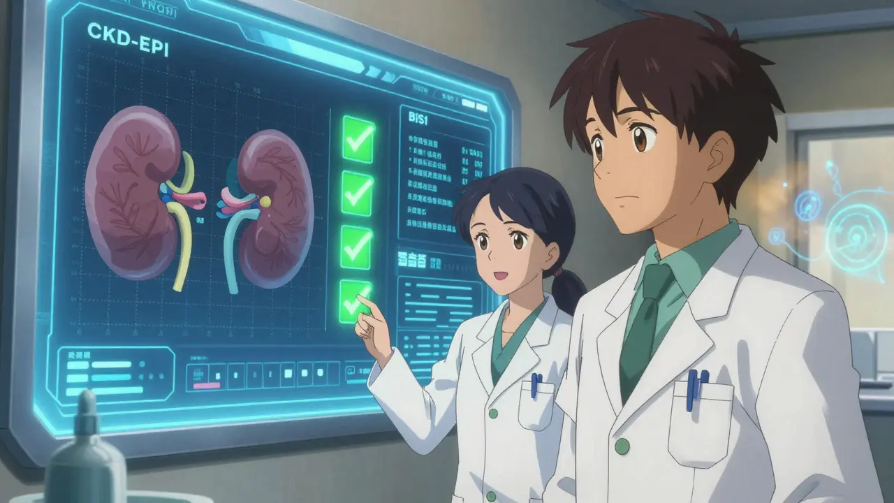 Anime doctors reviewing kidney function equations on a glowing digital screen in clinic