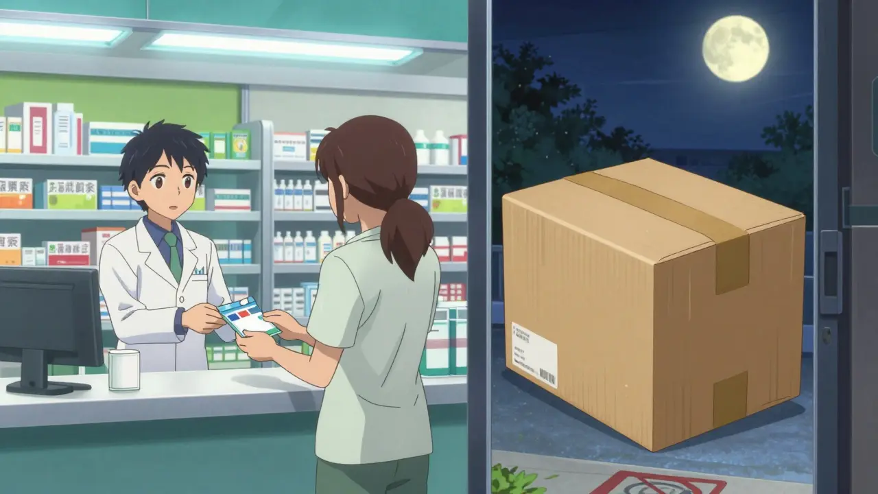 Anime illustration comparing local pharmacy pickup versus home delivery of medication