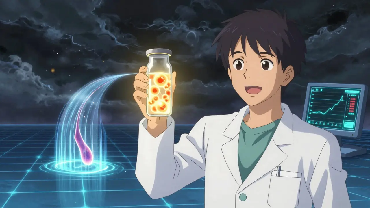 Anime illustration of stem cell therapy and artificial pancreas technology.