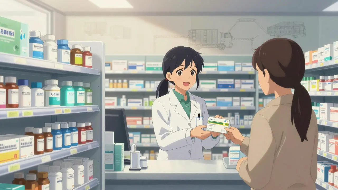 Anime pharmacist handing medication to a patient in a bright, modern pharmacy.