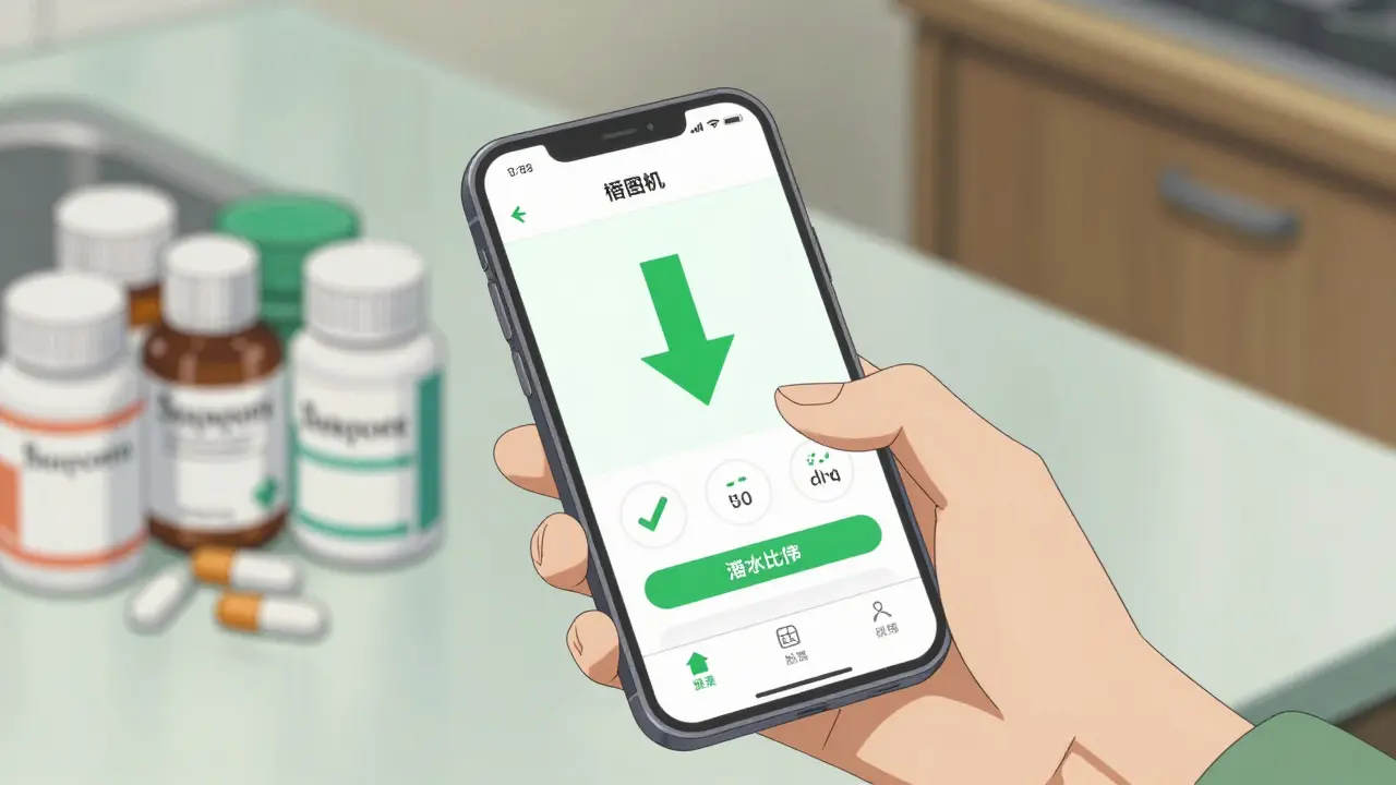Anime style hand holding phone showing medication price savings and discount coupons