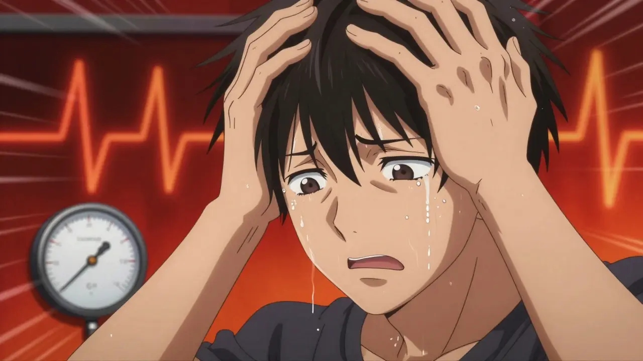 Character clutching head in pain with red heart monitor background