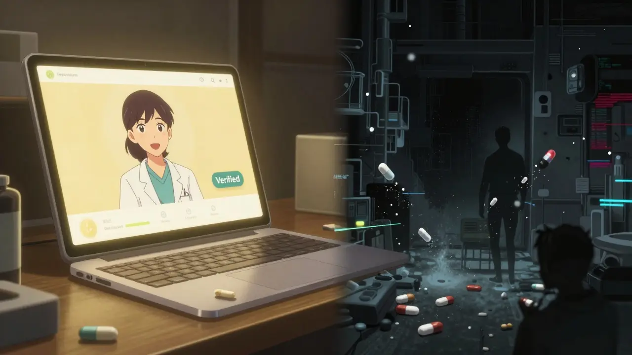Contrast between safe telehealth service and dangerous dark web pharmacies