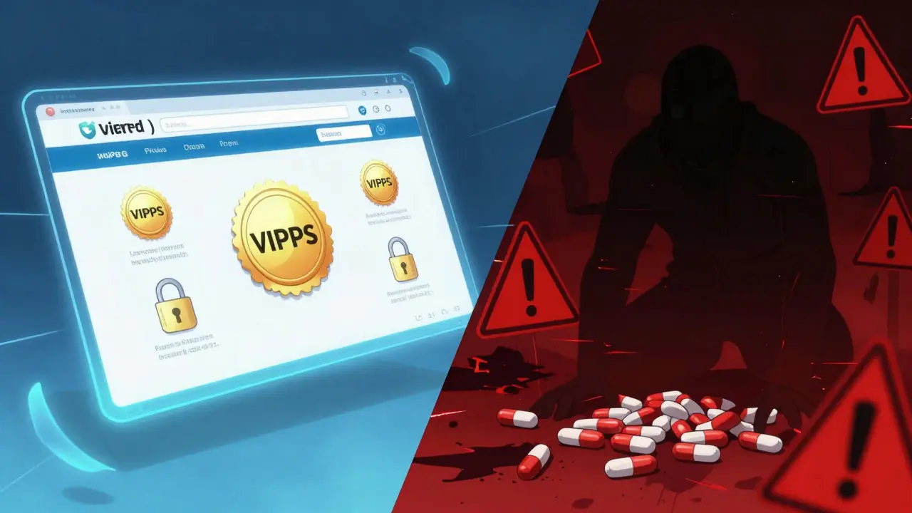 Contrast between secure pharmacy seal and dangerous counterfeit drugs