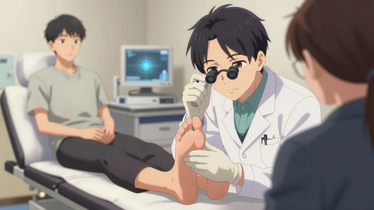 Dermatologist examining a patient's foot for accurate nail diagnosis