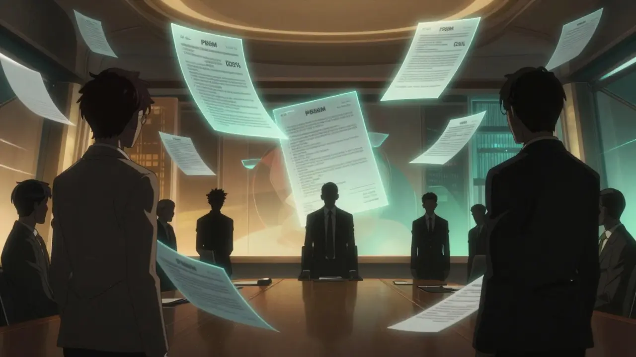 Dramatic anime scene of pharmaceutical negotiations with floating digital contracts.