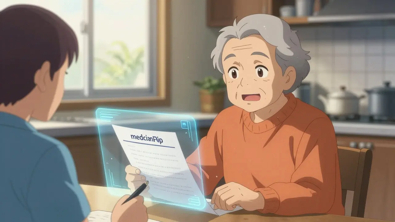 Elderly person reviewing medication list with hopeful expression