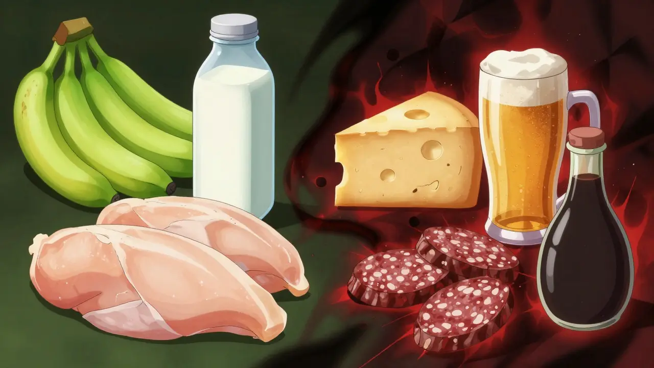 Fresh safe foods contrasted with shadowy aged cheeses and meats