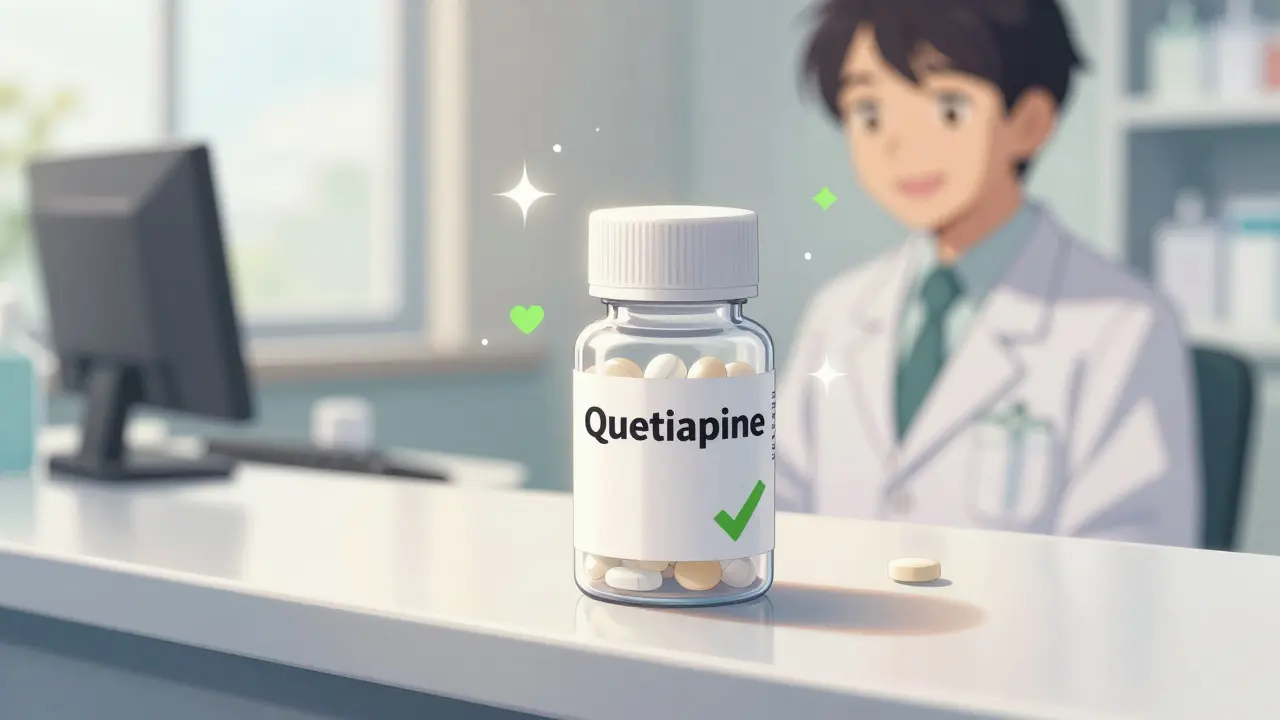 Generic medication bottle on a counter with sunlight and safety symbols