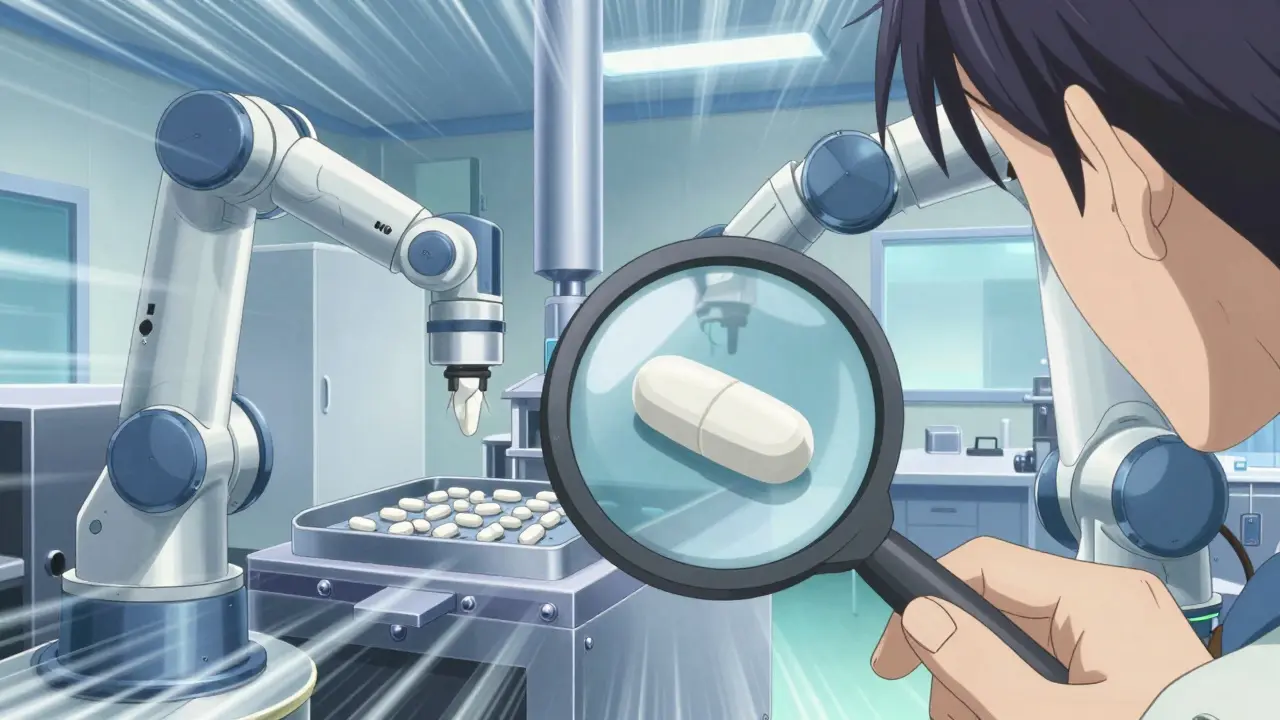 Identical pills being manufactured in a high-tech facility.