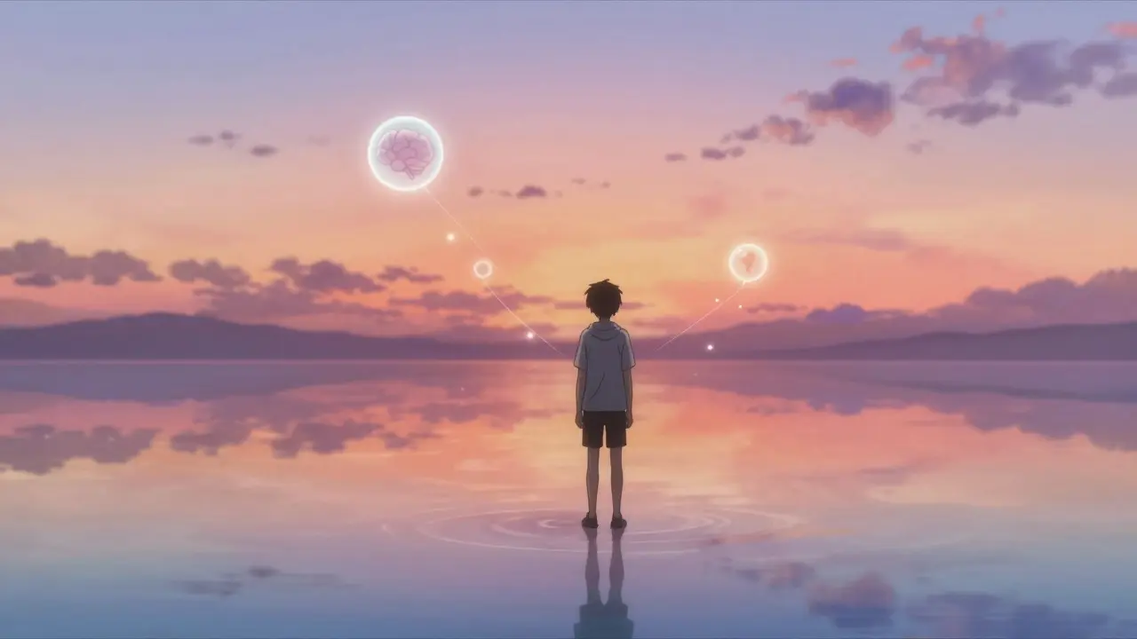 Person standing by calm sea with glowing orbs representing balance