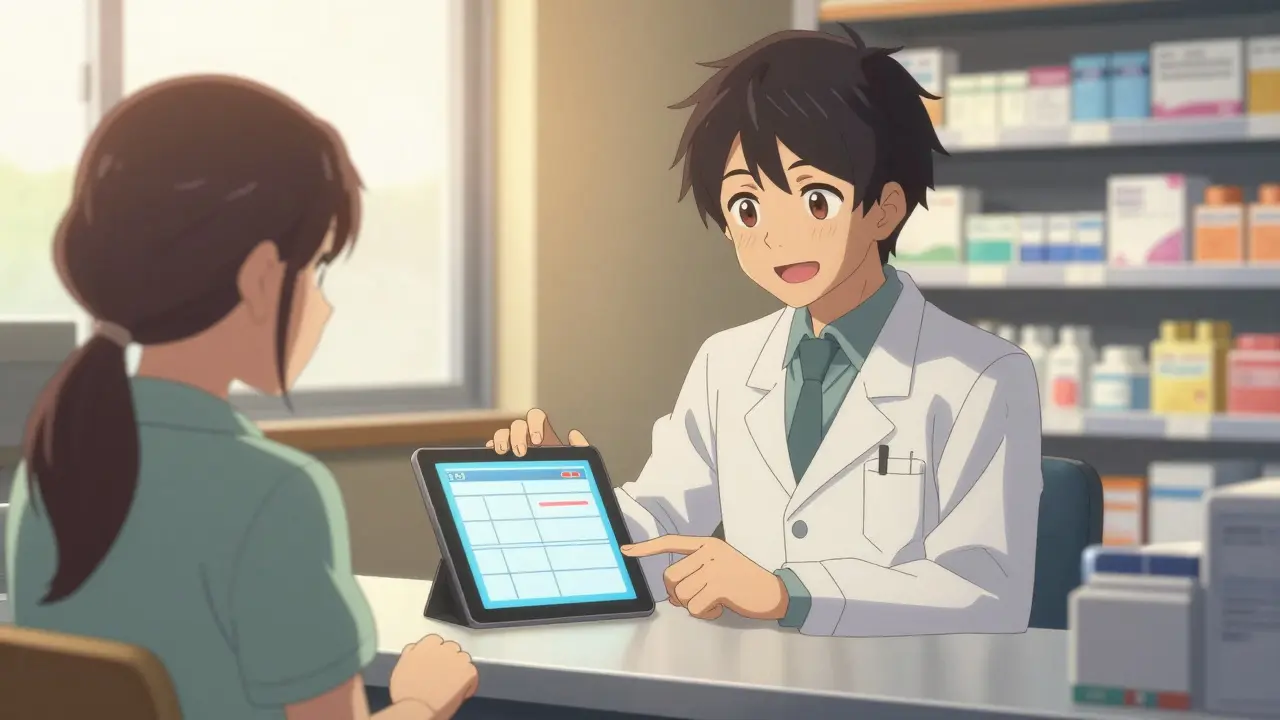 Pharmacist explaining medication benefits to a patient.