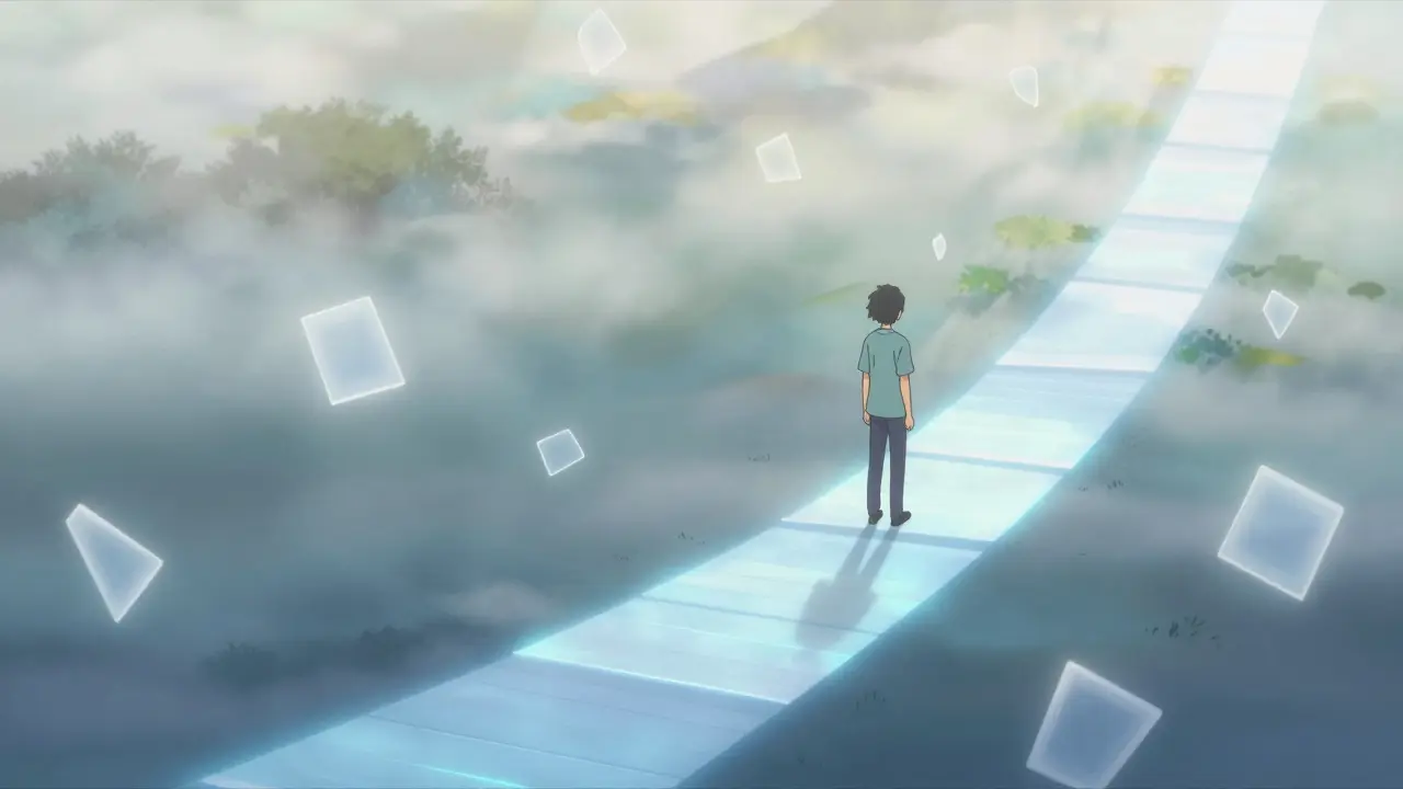 Serene anime art showing a calm descent on a glowing blue path, representing safe, gradual tapering.