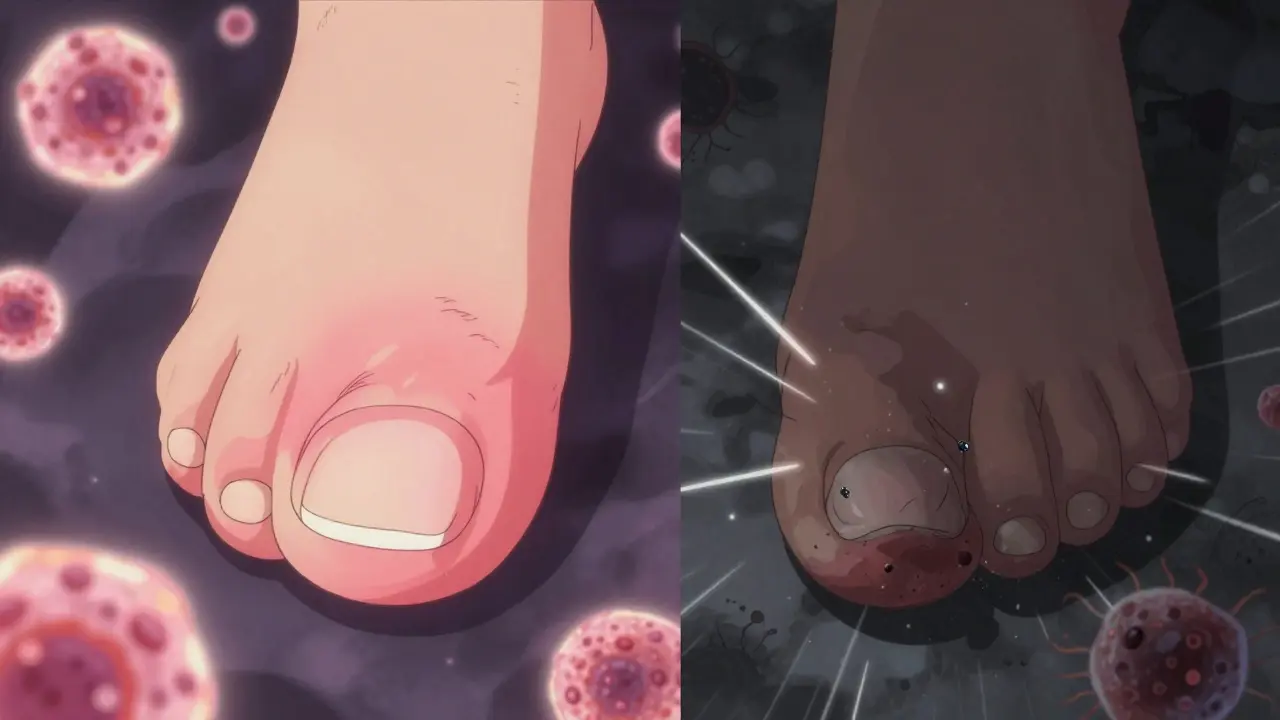 Split view comparing psoriasis immune reaction vs fungal invasion on nails