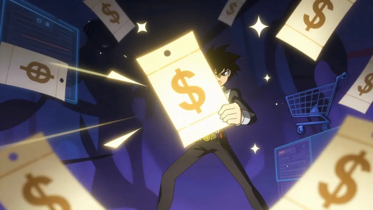 Stylized anime hero using a glowing coupon to defeat high costs