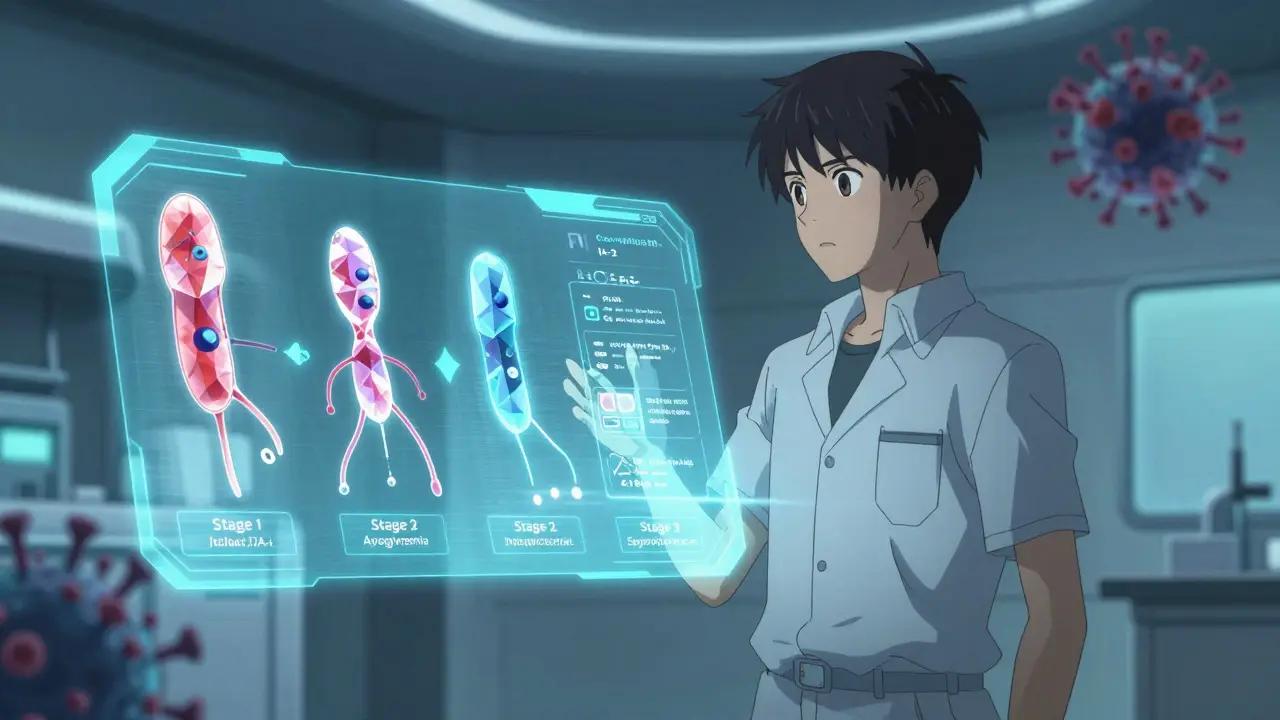 Ufotable style anime of patient viewing holographic diabetes stages in a lab.